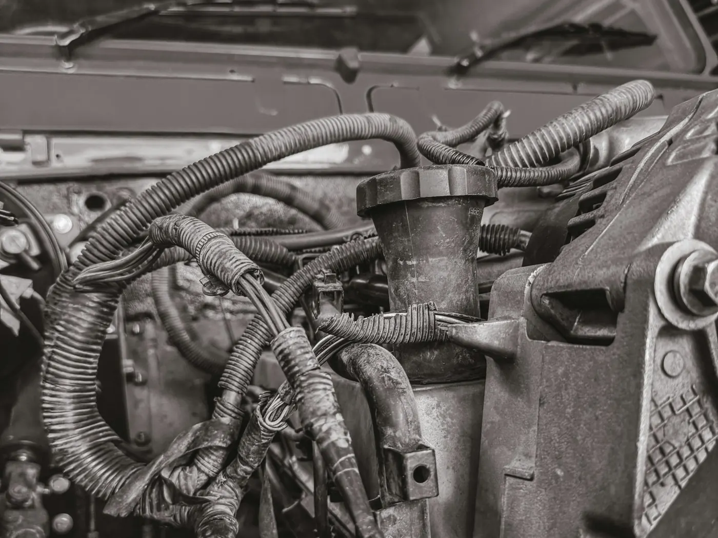 Foto en blanco y negro de un compartimento de motor con muchos cables y mangueras