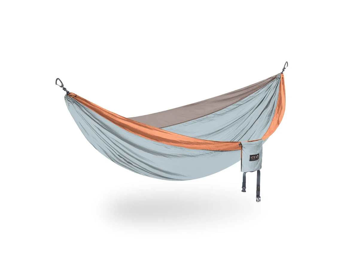 ENO DoubleNest hammock in grey-blue and orange with a side pocket, product photo