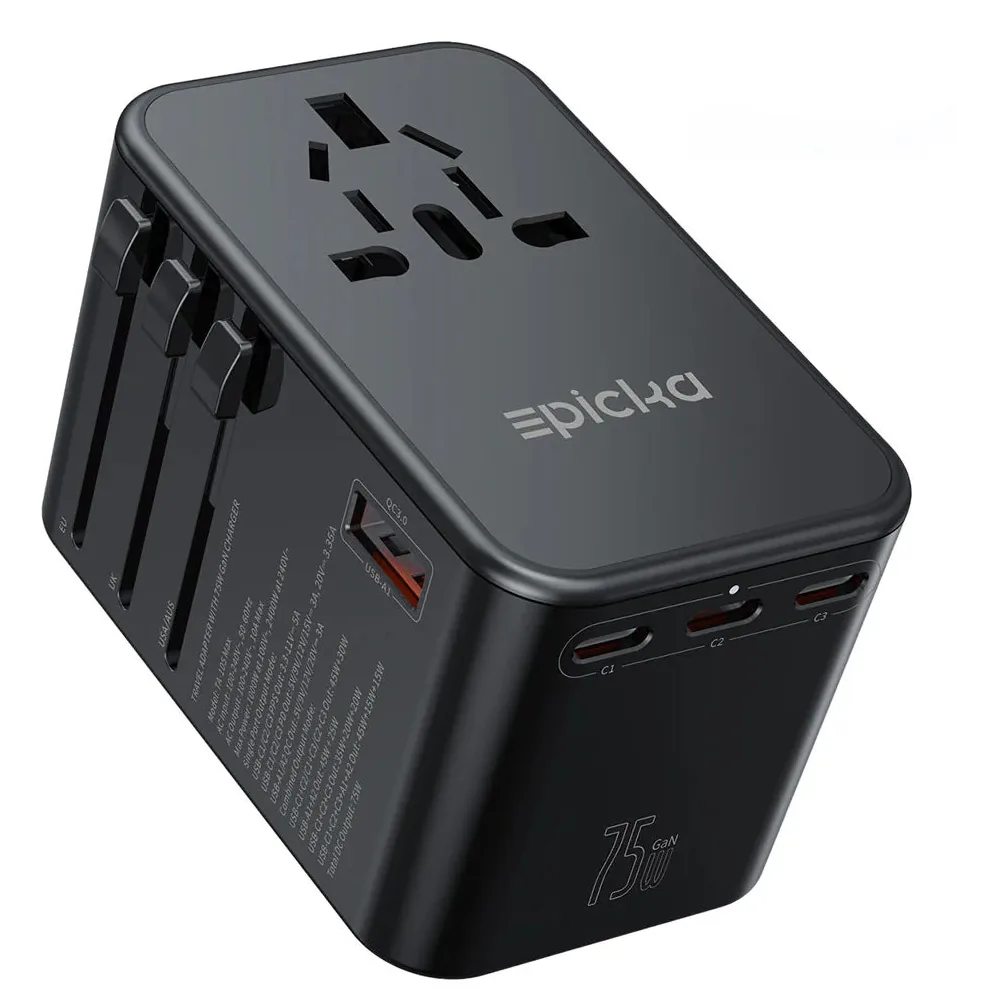 EPICKA TA-105 Max black universal travel adapter with three USB-C ports