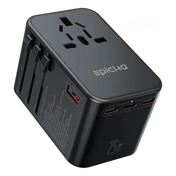 EPICKA TA-105 Max black universal travel adapter with three USB-C ports and one USB-A port