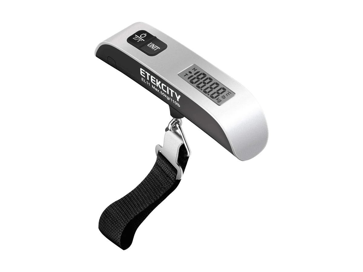 Etekcity EL11 digitale bagageweegschaal in zilver en zwart met een zwarte band
