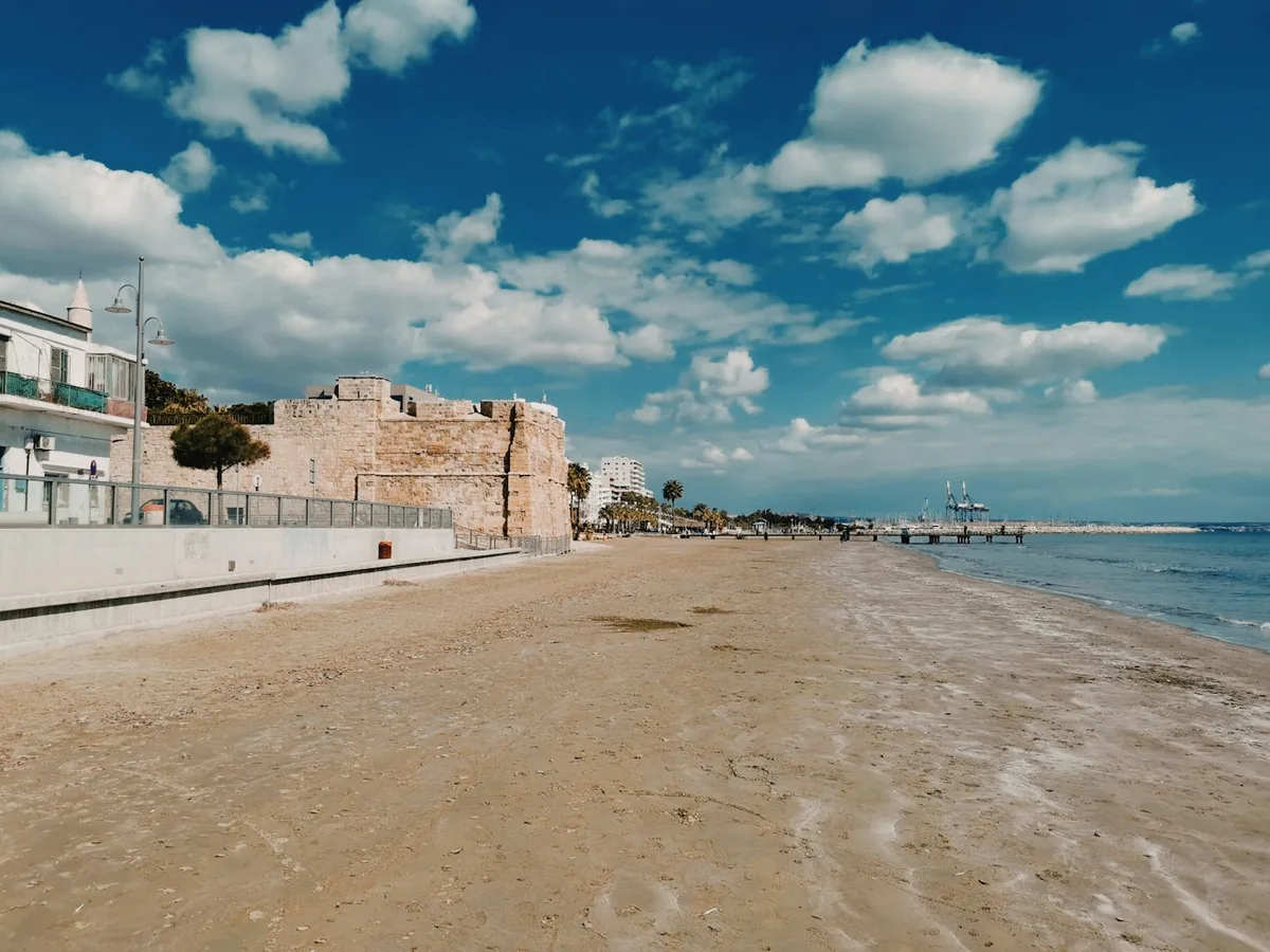 Sandy Finikoudes Beach in Larnaca with a stone wall and the sea beyond, Cyprus
