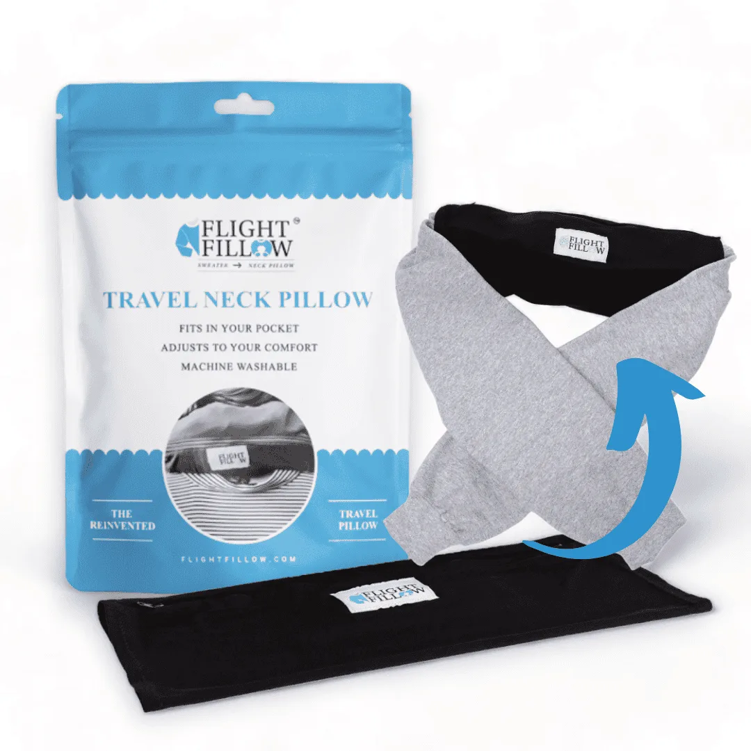 Flight Fillow stuffable travel neck pillow sleeve filled with a sweater, next to its packaging
