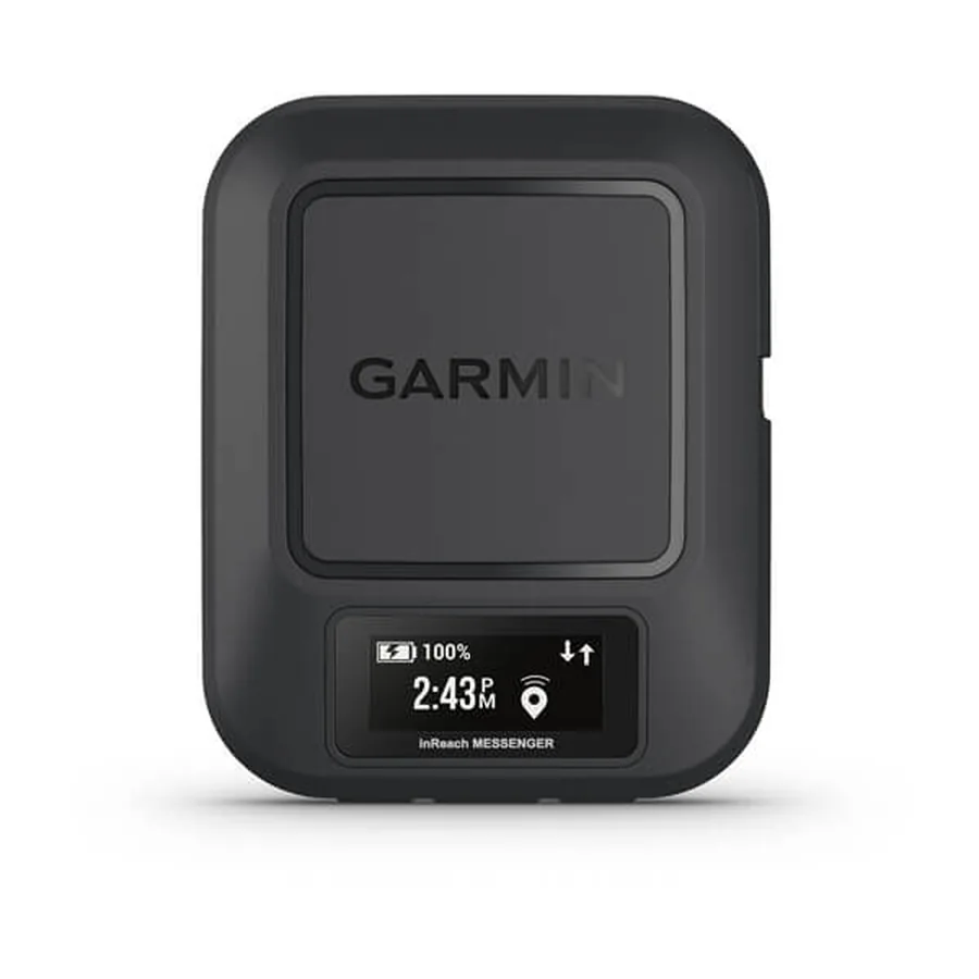 Garmin inReach Messenger Satellitenkommunikator in Schwarz mit kleinem Display, das Uhrzeit und Akkustand zeigt