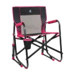Schommelende campingstoel GCI Outdoor Freestyle Rocker met een rug van mesh, roze randen en een bekerhouder