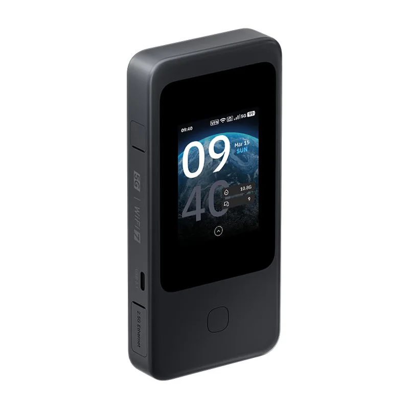 GL.iNet Mudi 7 5G travel router, black, with touchscreen and side ports
