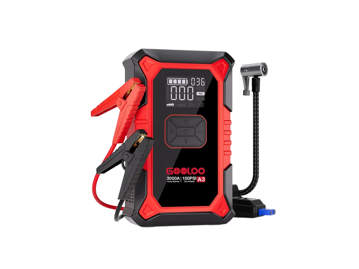 GOOLOO A3 jump starter with built-in air compressor, red clamps and inflator hose