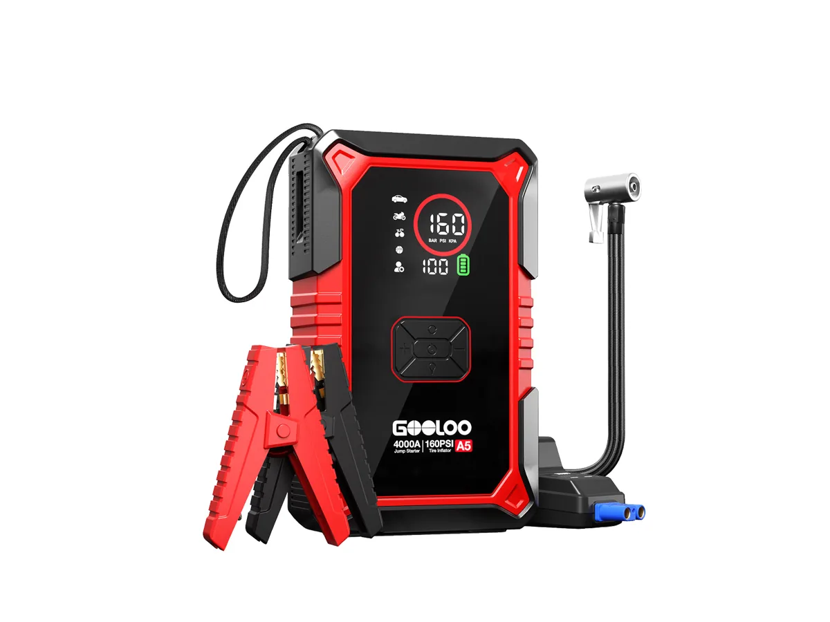 GOOLOO A5 jump starter with built-in air compressor, clamps and inflator hose