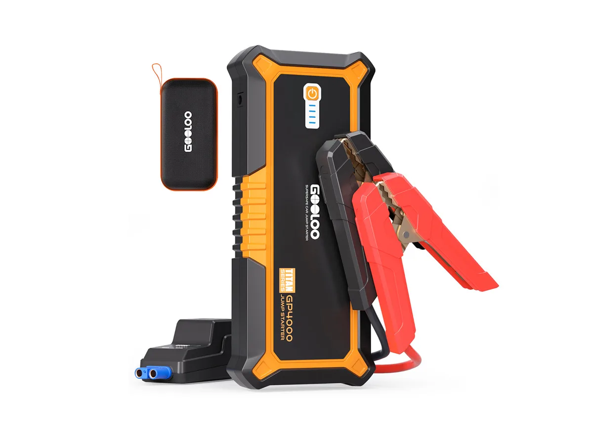GOOLOO GP4000 jump starter in black and orange with red and black clamps and a carry pouch
