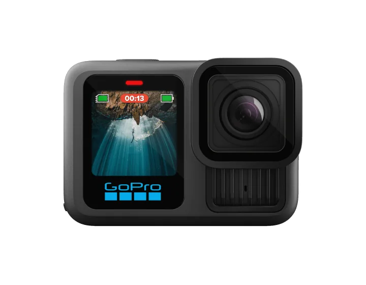 GoPro HERO13 Black action camera seen from the front with its rear screen and lens