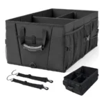 Zwarte Gorilla Grip kofferbakorganizer met riemen en een opgevouwen kleinere doos