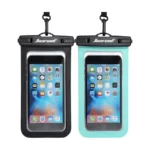 Twee waterdichte Hiearcool telefoonhoezen, een zwarte en een turquoise