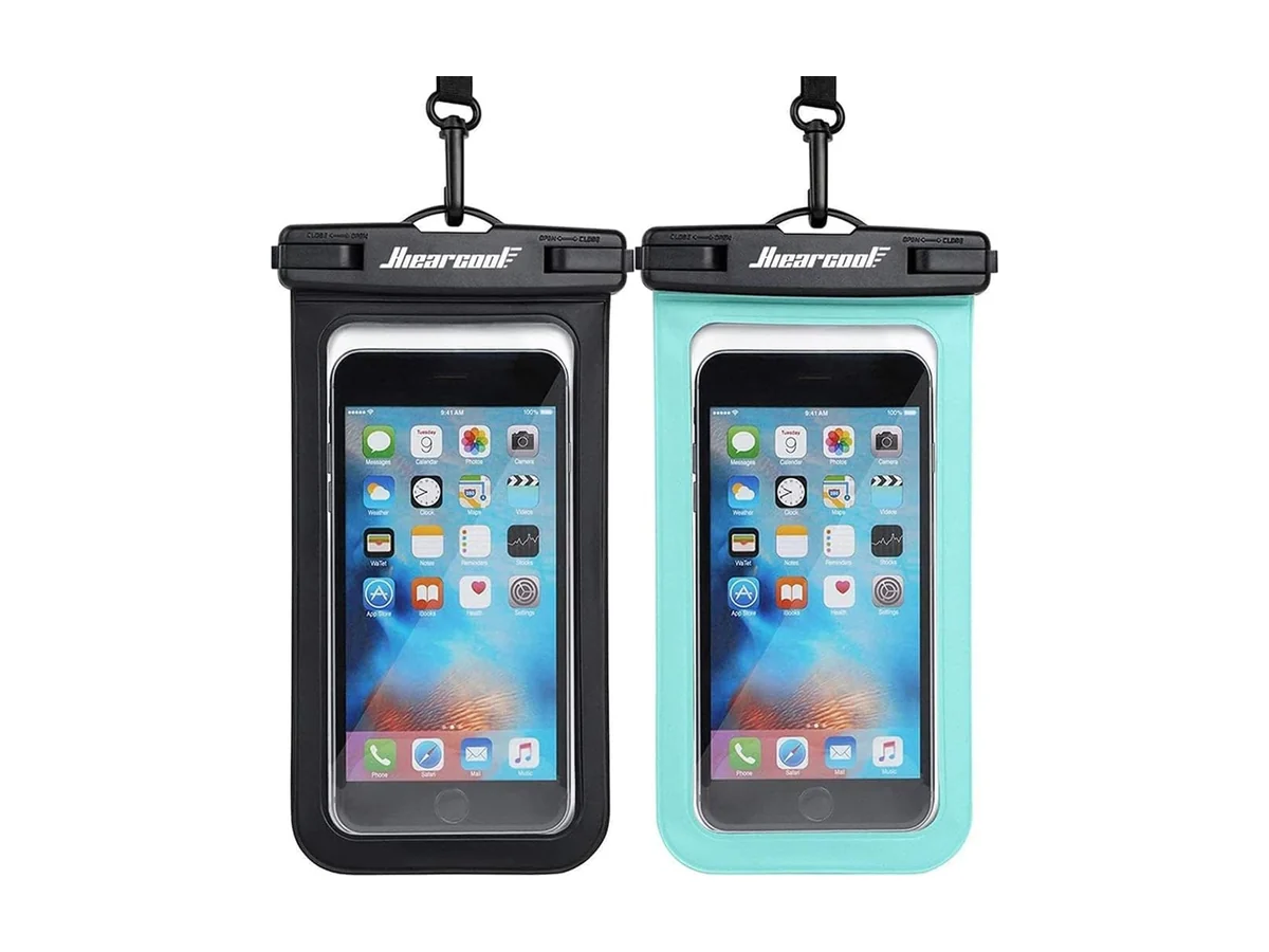 Twee waterdichte Hiearcool telefoonhoezen, een zwarte en een turquoise