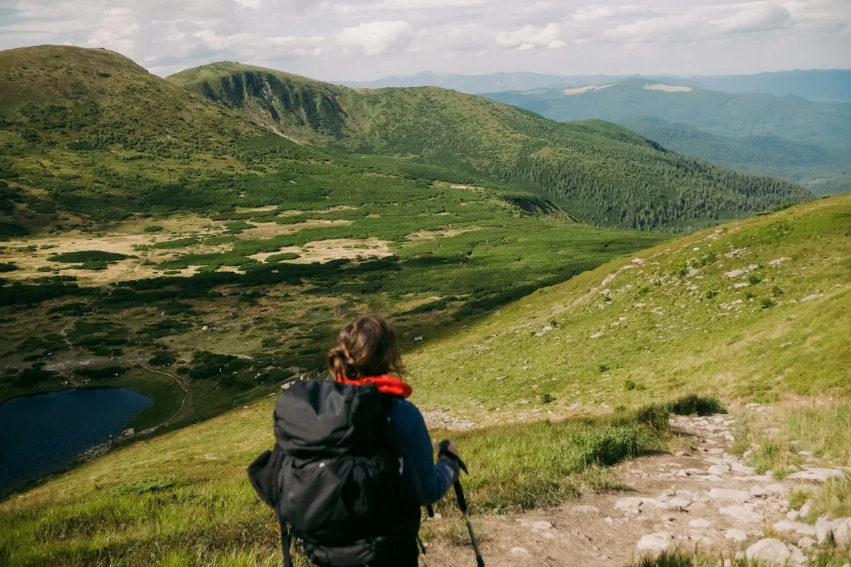 A hiker with a backpack walking up a green mountain trail