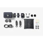 Hollyland Lark M2 Combo kit laid flat: charging case, two transmitters, three receivers, windscreens, cables and a pouch