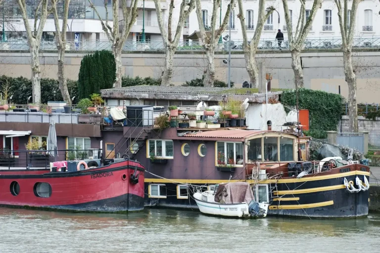 Houseboats moored side by side on a river in front of a tree-lined embankment
