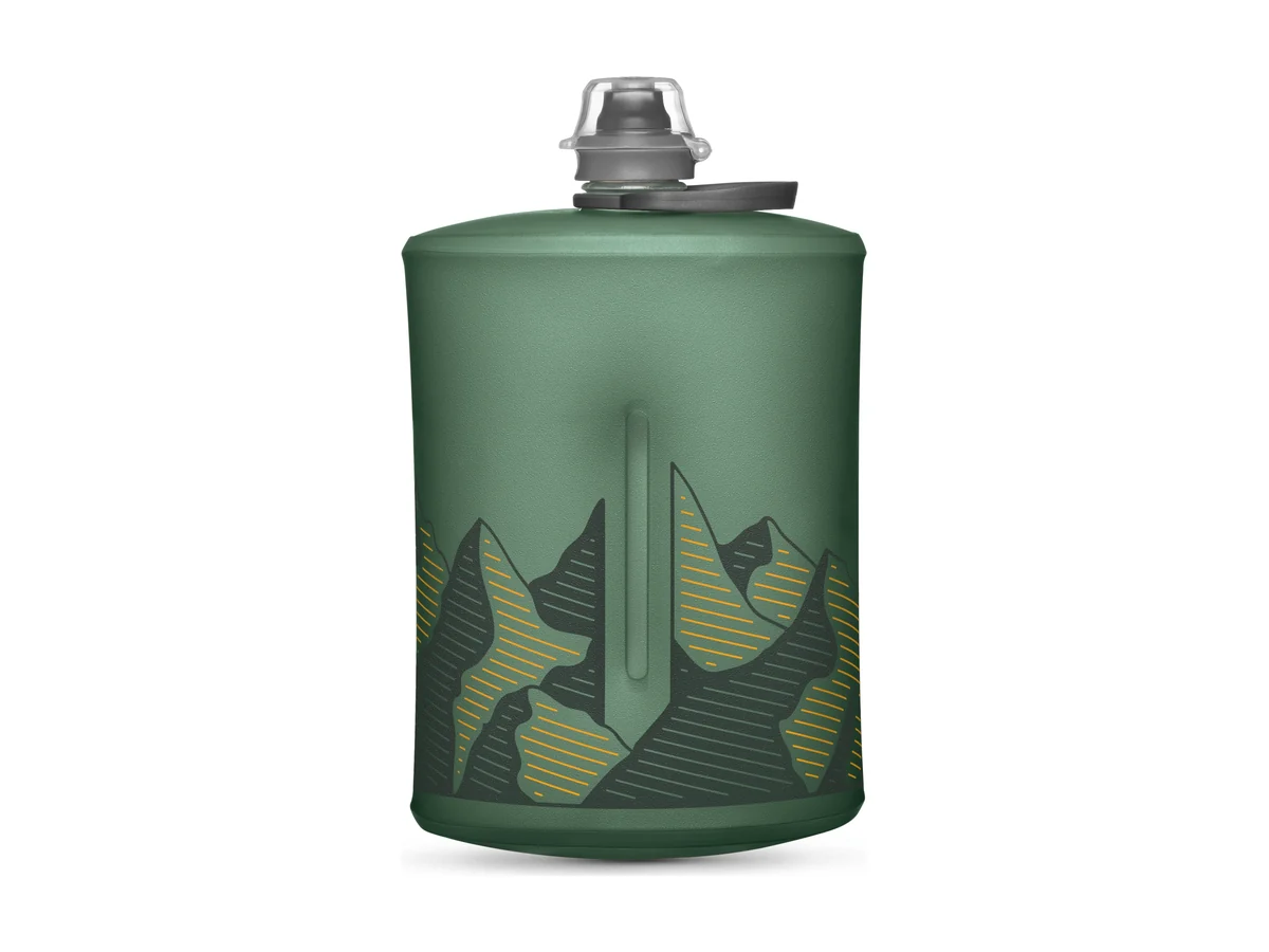HydraPak Stow 1L opvouwbare fles in saliegroen met een flip-top mondstuk en een bergprint