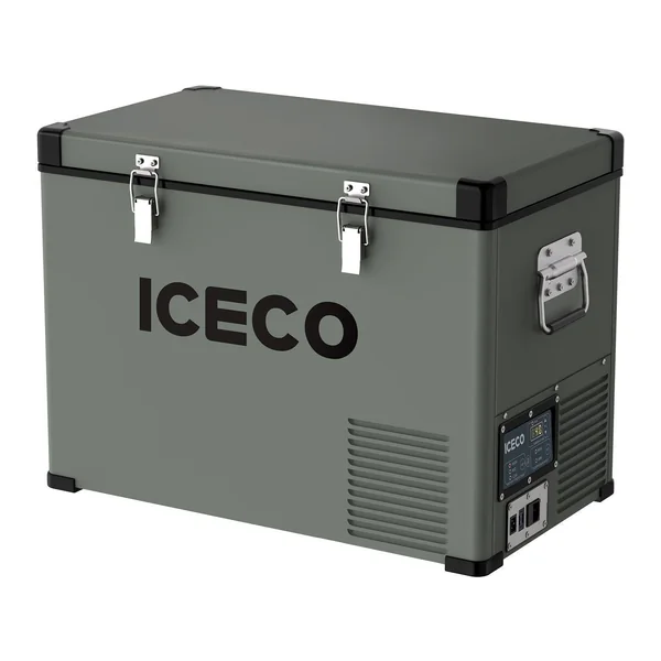 Grey-green ICECO VL45 12V portable fridge freezer with two steel latches, a side handle and a control panel