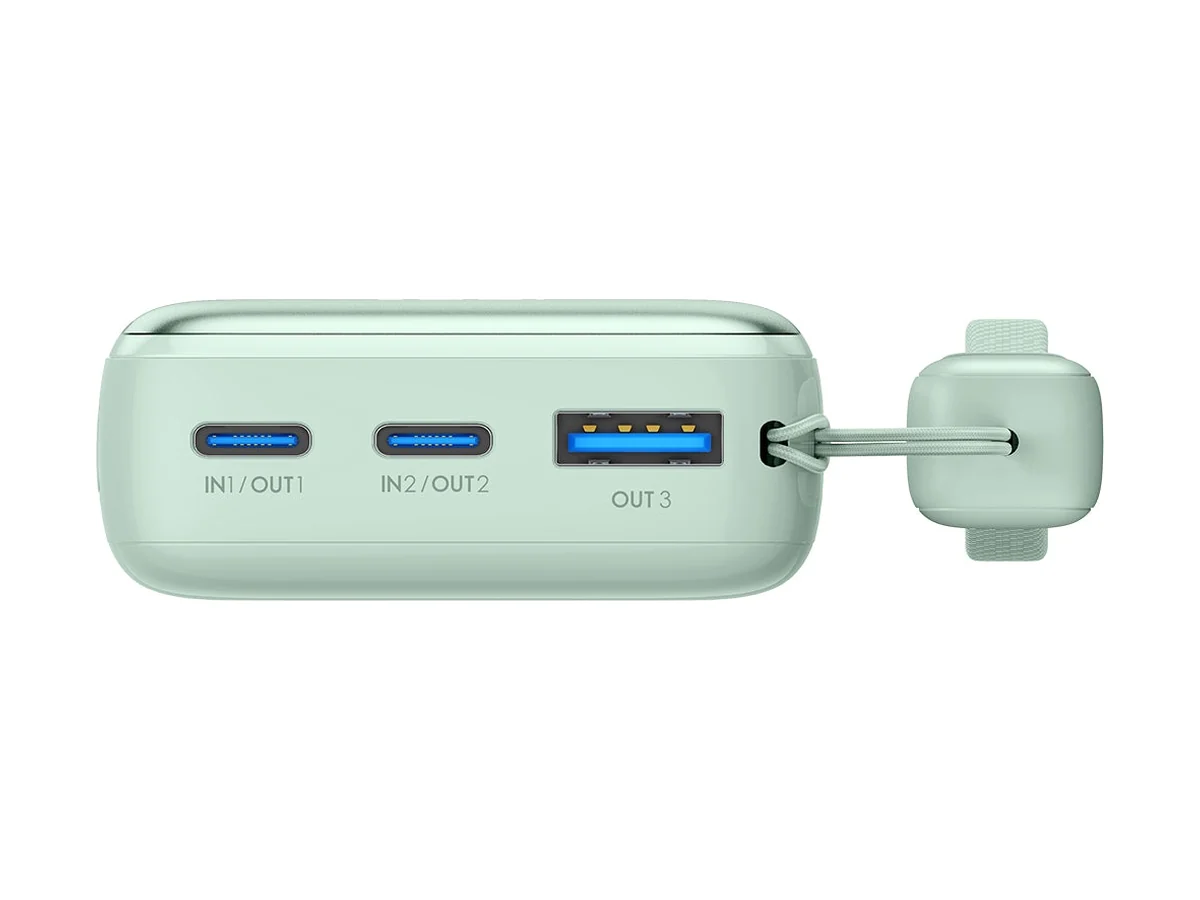 INIU Pocket Rocket Mini 10000mAh power bank in mint green with a USB-C cable