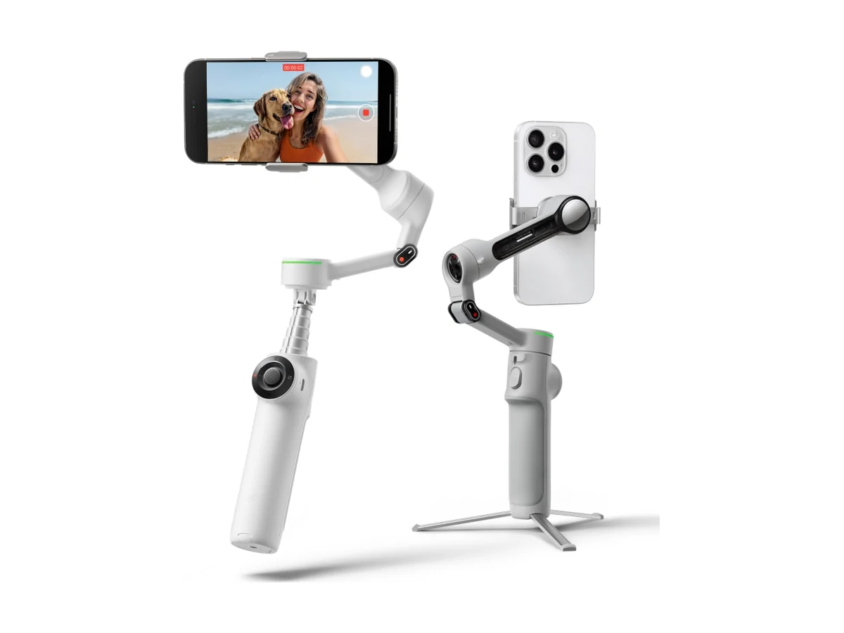 Insta360 Flow 2 Pro telefoongimbal in het wit, twee keer getoond