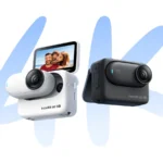 Insta360 GO 3S cameras on their Action Pods in white and black with the flip screen raised