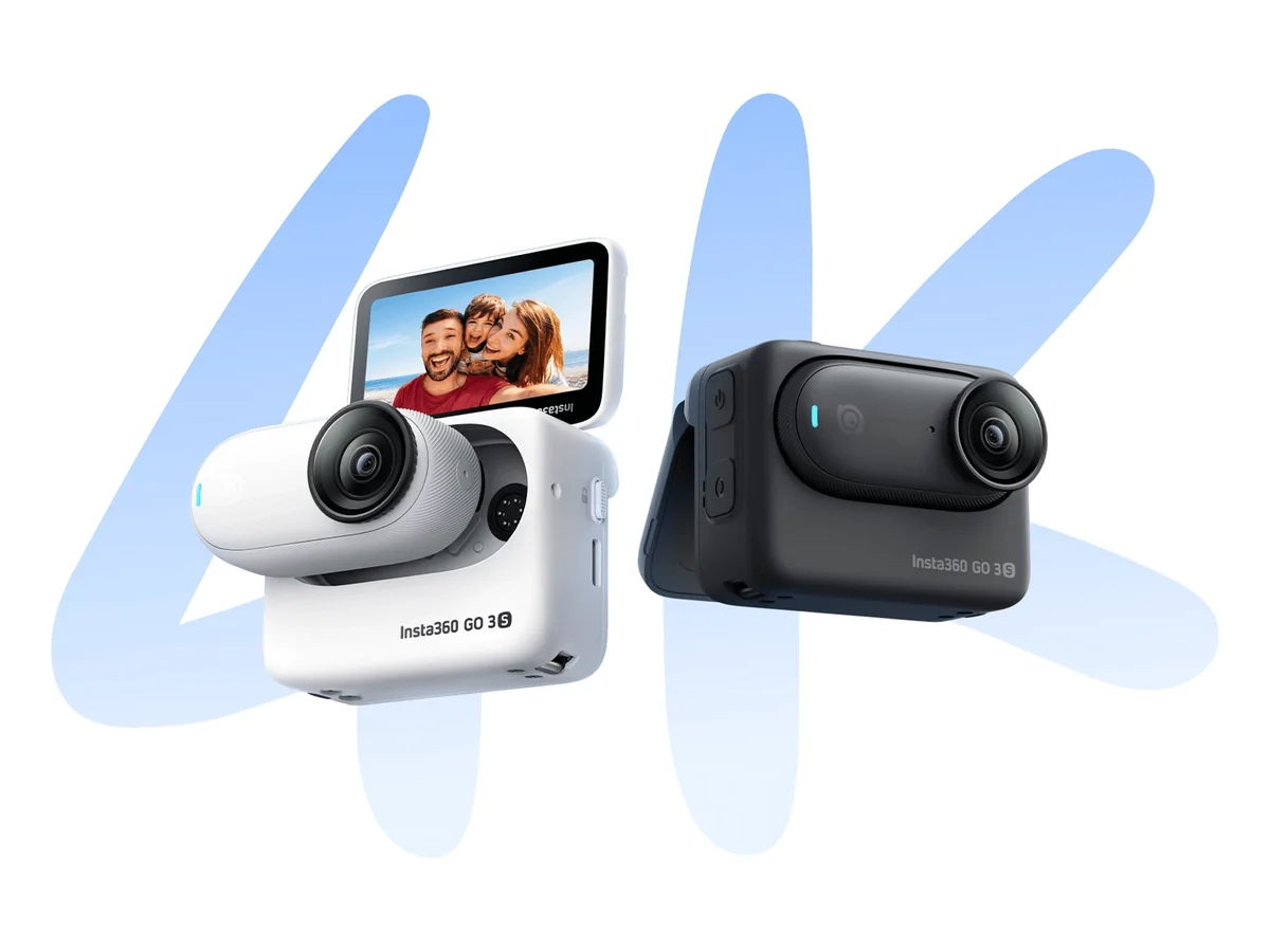 Insta360 GO 3S cameras on their Action Pods in white and black with the flip screen raised