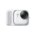 Insta360 GO Ultra tiny white camera docked on its Action Pod, front view