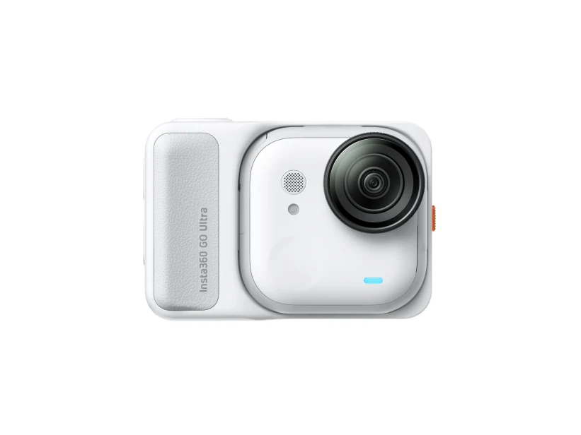 Insta360 GO Ultra tiny white camera docked on its Action Pod, front view