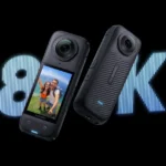 Insta360 X4 360-degree camera shown from the front with its screen and from the back