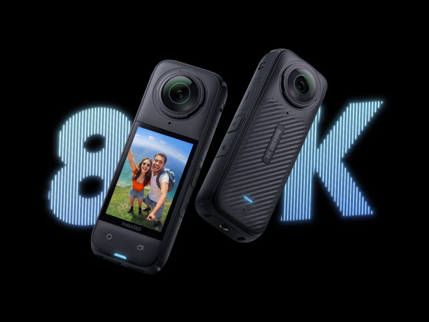 Insta360 X4 360-degree camera shown from the front with its screen and from the back