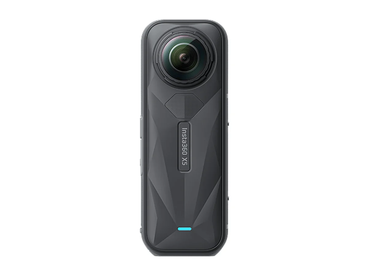 Insta360 X5 360-degree camera from the back, with its lens at the top and the X5 logo