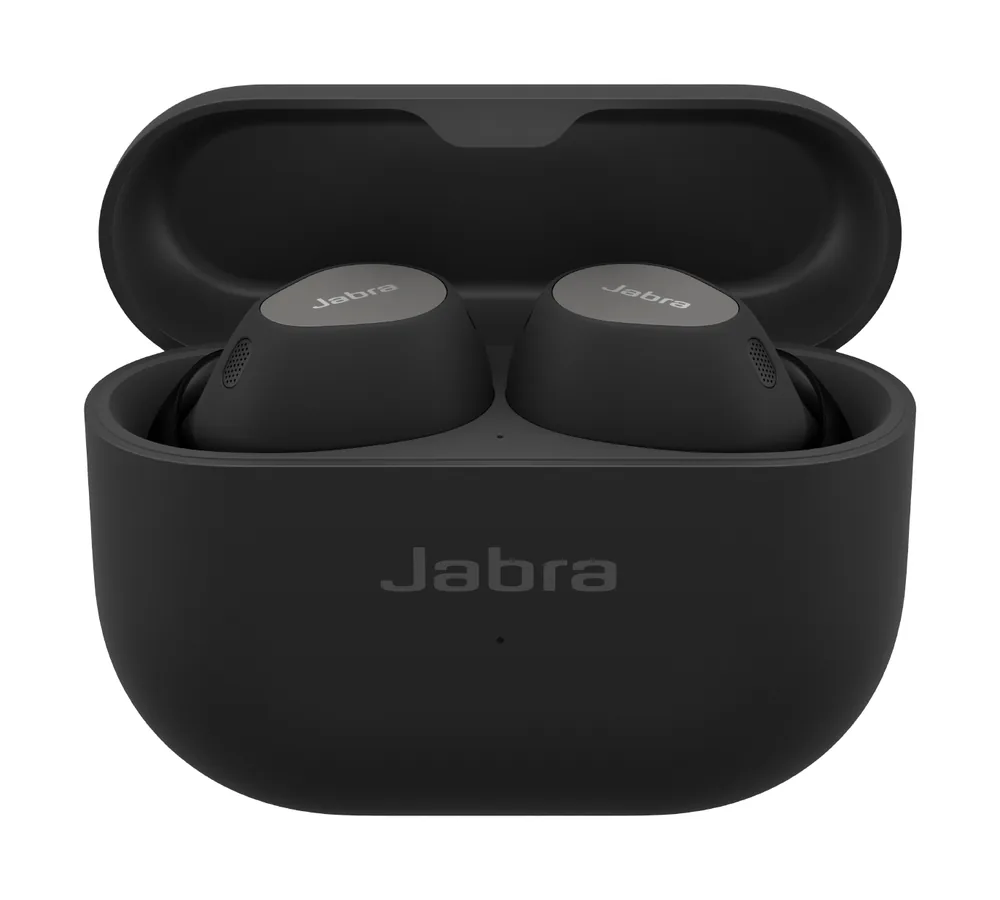 Jabra Elite 10 earbuds in Titanium Black resting in their open charging case
