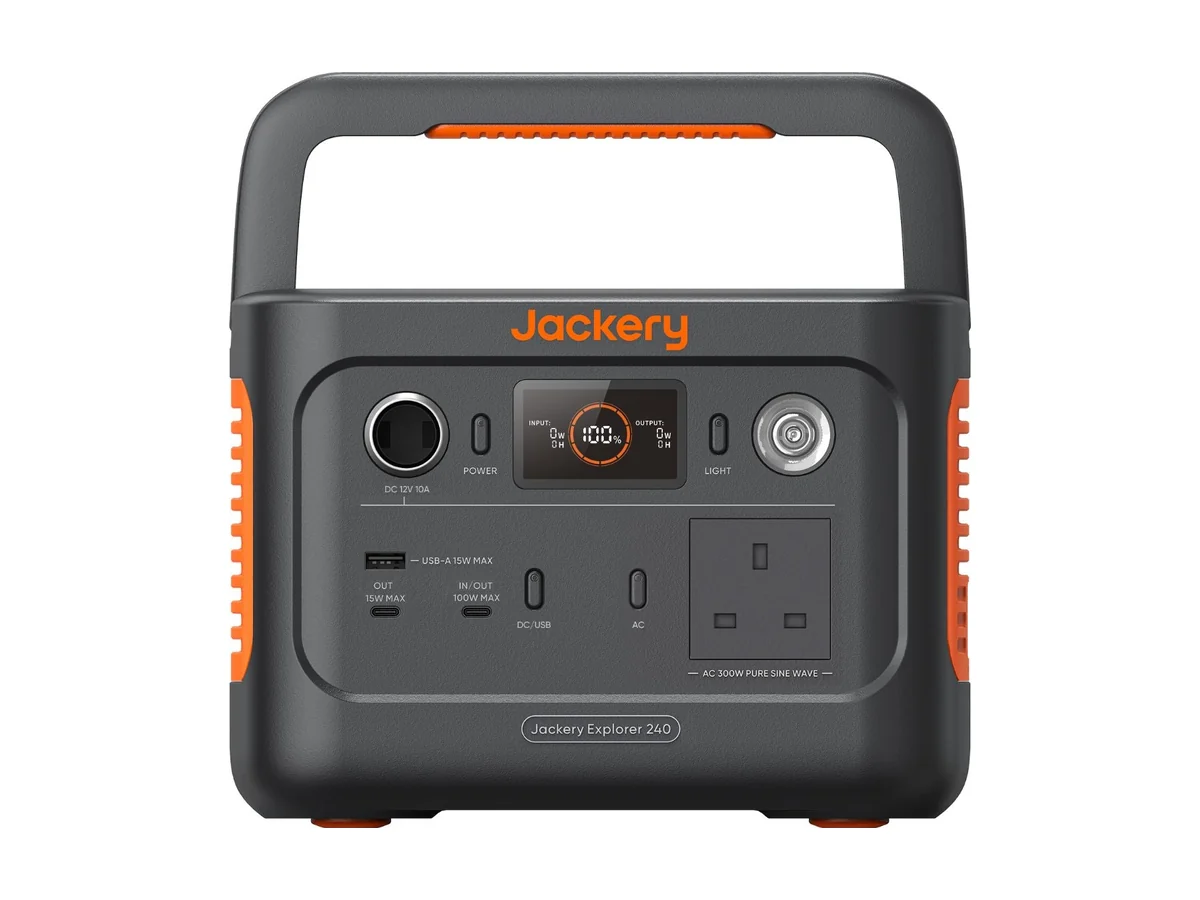 Jackery Explorer 240 v2 draagbaar powerstation in grijs en oranje met een handvat