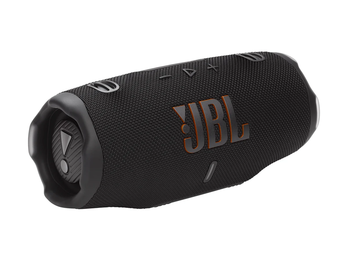 JBL Charge 6 portable Bluetooth speaker in black with the JBL logo on the front grille
