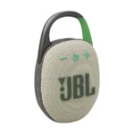 JBL Clip 5 mini Bluetooth speaker in sand with a green carabiner