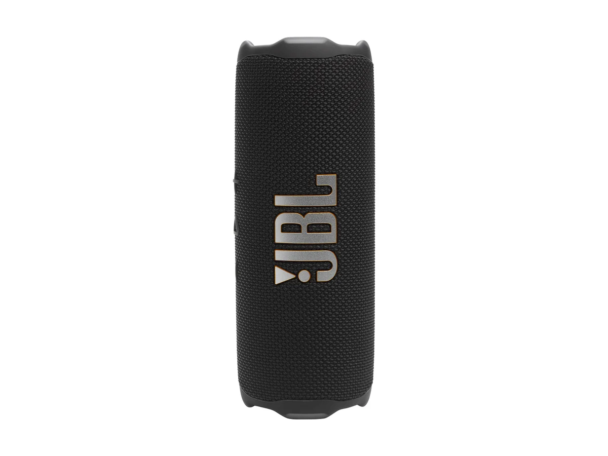 JBL Flip 7 portable Bluetooth speaker in black standing upright