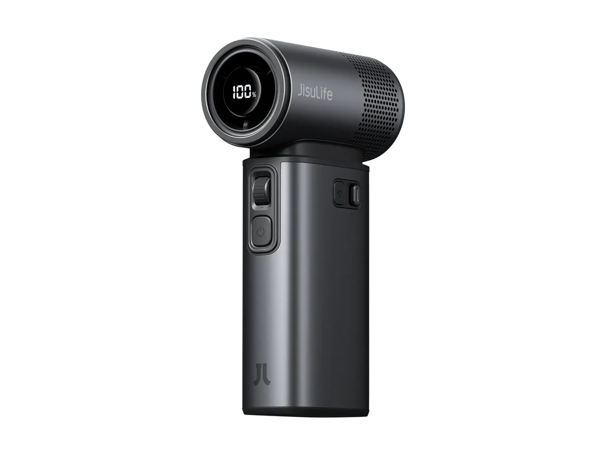 JISULIFE Handheld Fan Ultra2 in zwart met een rond display aan de voorkant