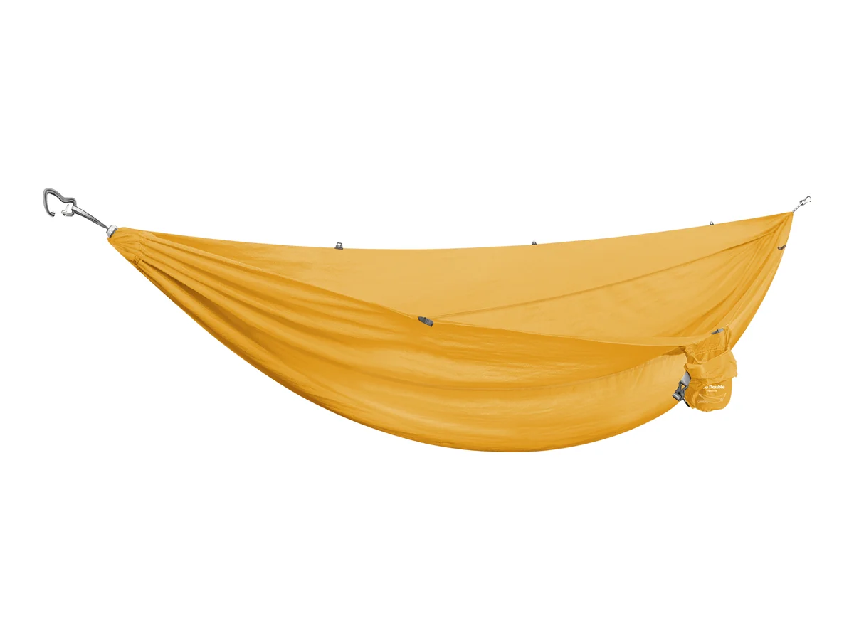 Kammok Roo Double hammock in sunflower gold with carabiners and gear loops
