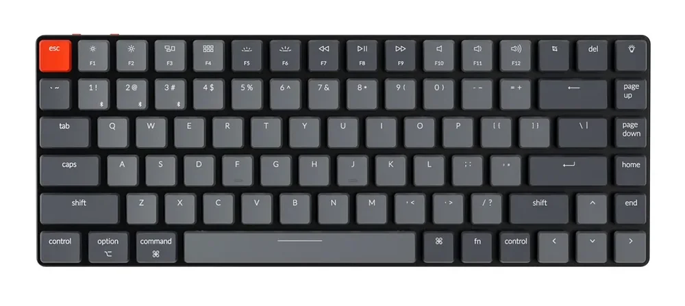 Keychron K3 ultra-slim 75% wireless mechanical keyboard, top view, black frame with grey keys and orange Esc key