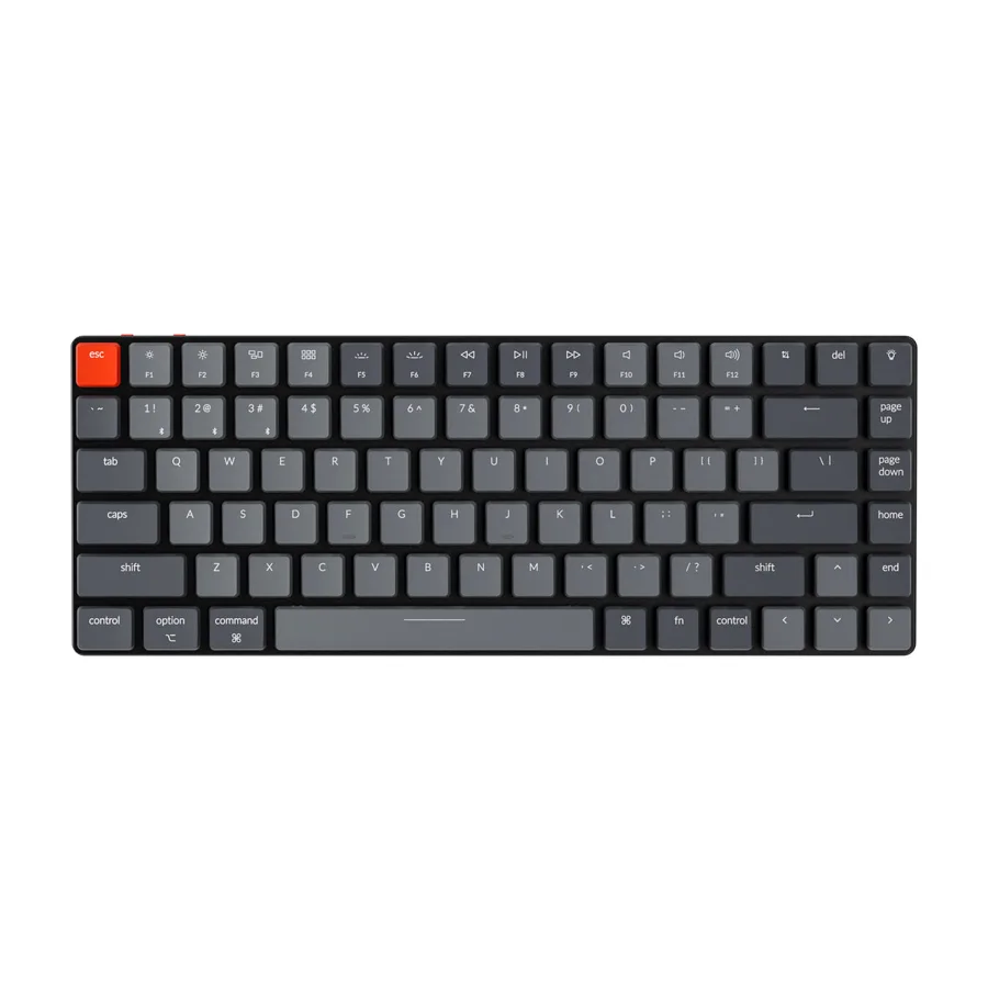 Black and grey Keychron K3 Version 2 ultra-slim 75% keyboard seen from above with an orange Esc key