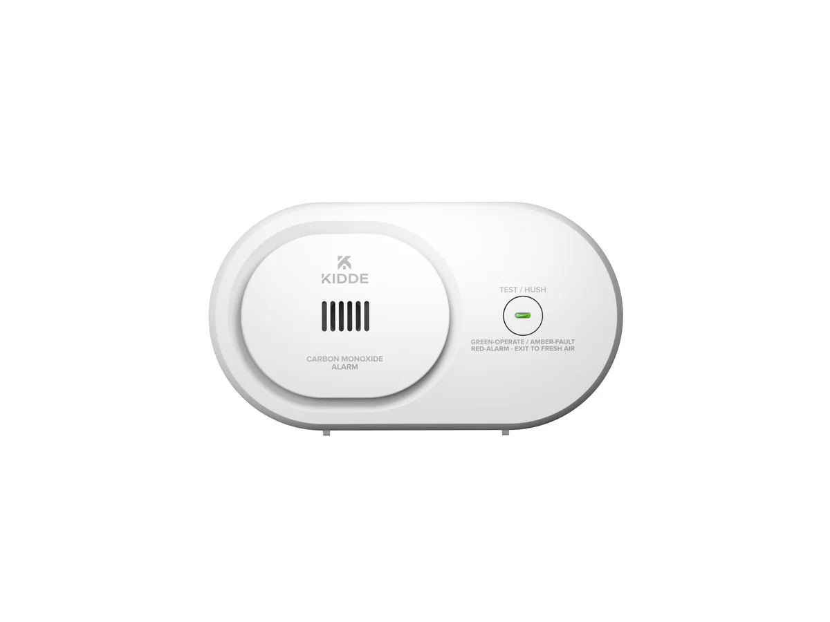 Alarma portátil de monóxido de carbono Kidde COB con pilas AA, blanca con rejilla de sensor redonda