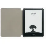 Amazon Kindle Paperwhite e-reader beside its open cover, showing the Kindle start screen