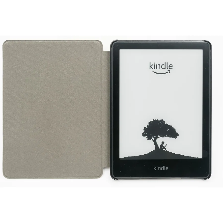Amazon Kindle Paperwhite e-reader beside its open cover, showing the Kindle start screen