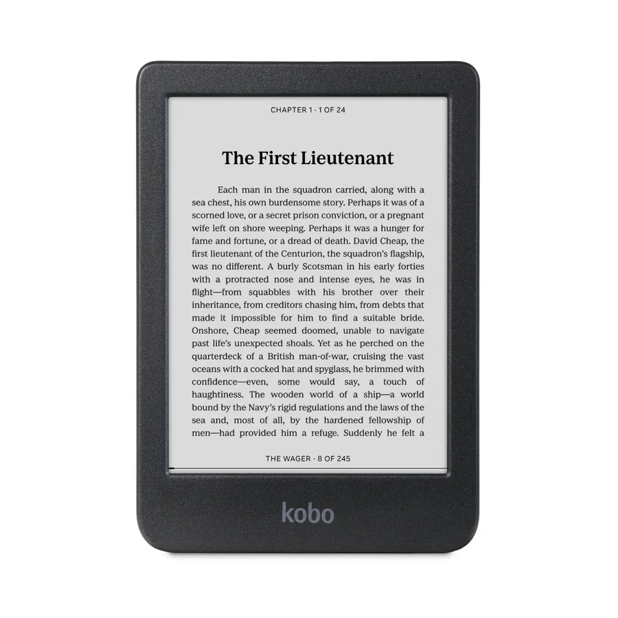 Black Kobo Clara BW e-reader with a page of text on its 6-inch screen