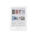 Lector electrónico Kobo Clara Colour blanco mostrando una biblioteca de portadas de libros a color