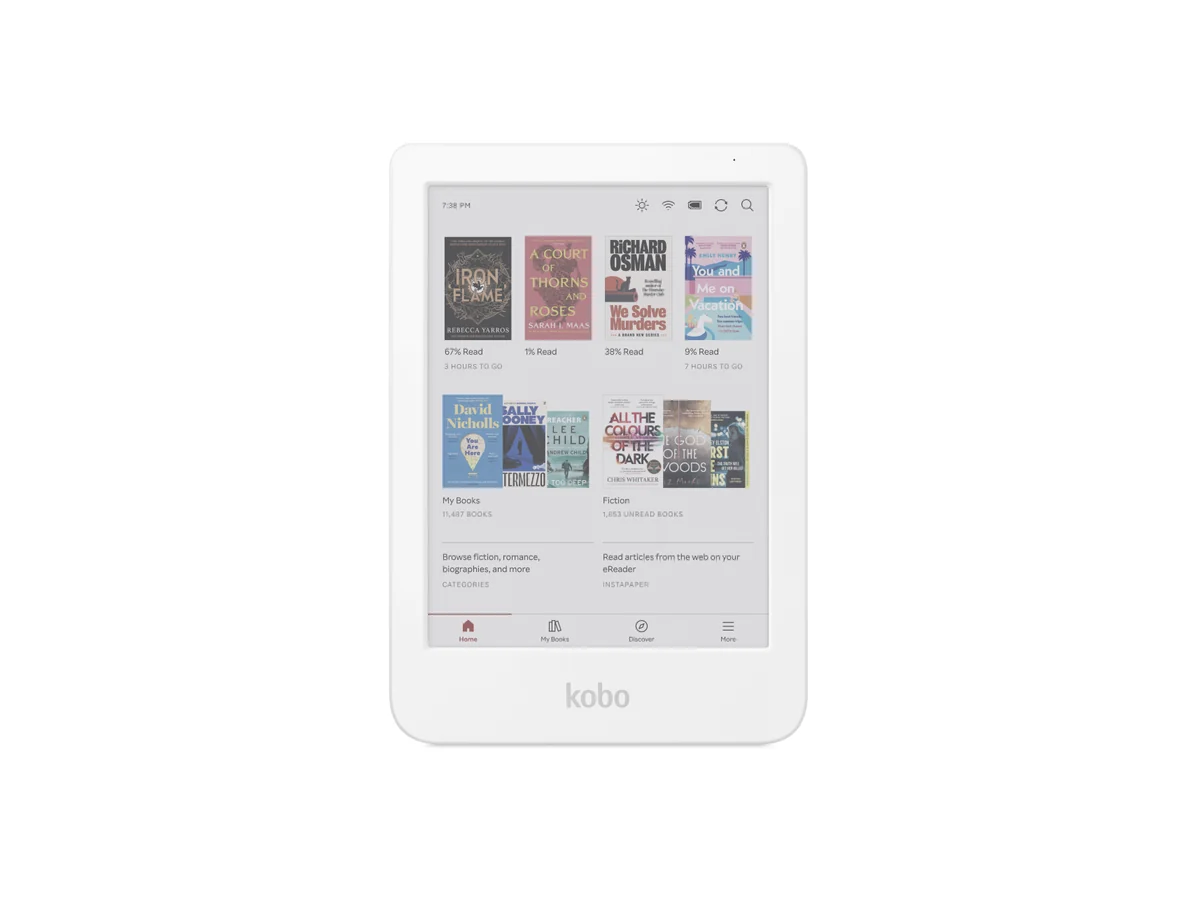 Lector electrónico Kobo Clara Colour blanco mostrando una biblioteca de portadas de libros a color