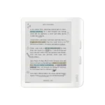 Lector electrónico Kobo Libra Colour blanco con una página resaltada y botones para pasar página en el borde derecho