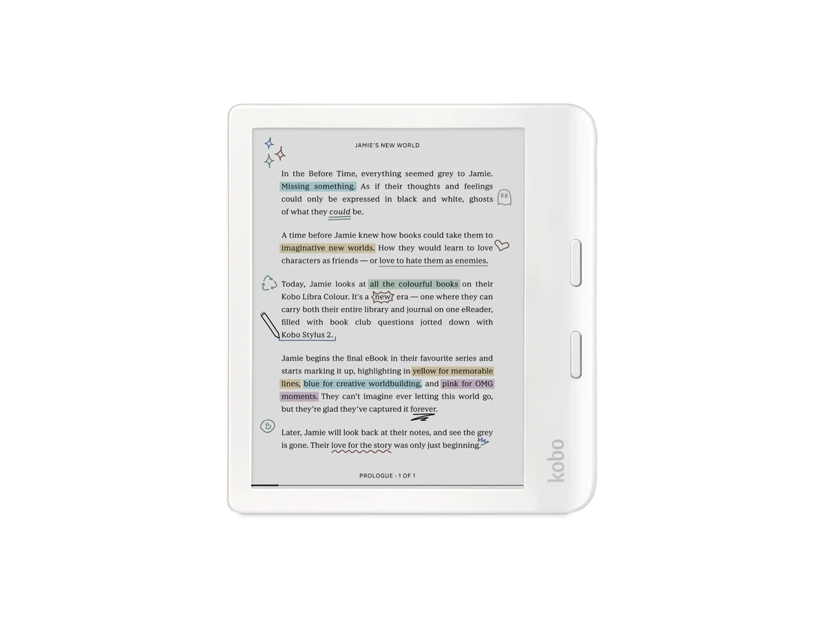 Lector electrónico Kobo Libra Colour blanco con una página resaltada y botones para pasar página en el borde derecho