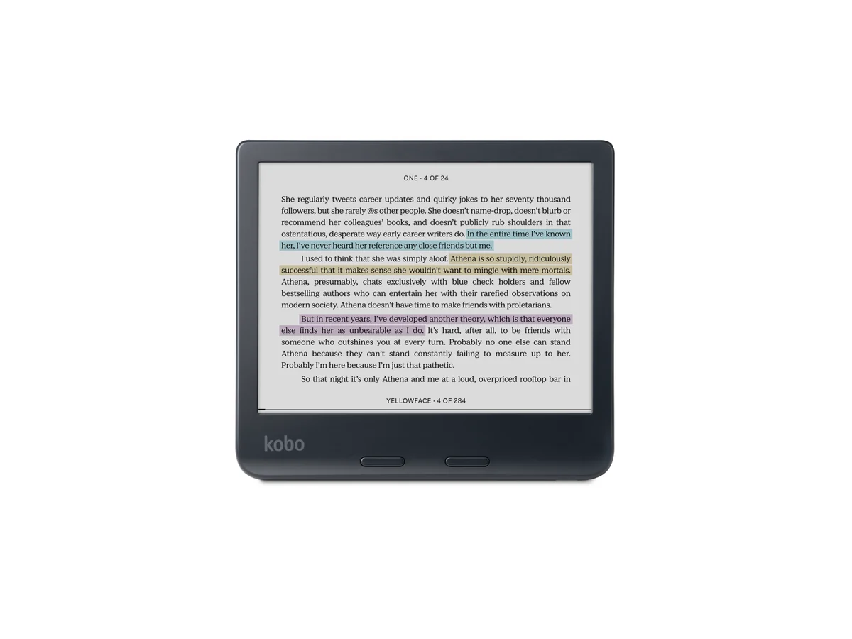 Kobo Libra Colour negra en modo horizontal mostrando texto con resaltados en color