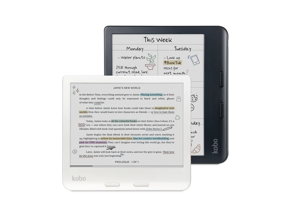 A white and a black Kobo Libra Colour side by side, one showing a handwritten weekly planner